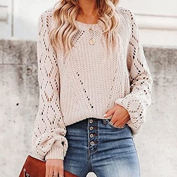 Womens Beige Crew Neck Crochet Detail Sleeves sz small - Picture 3 of 6